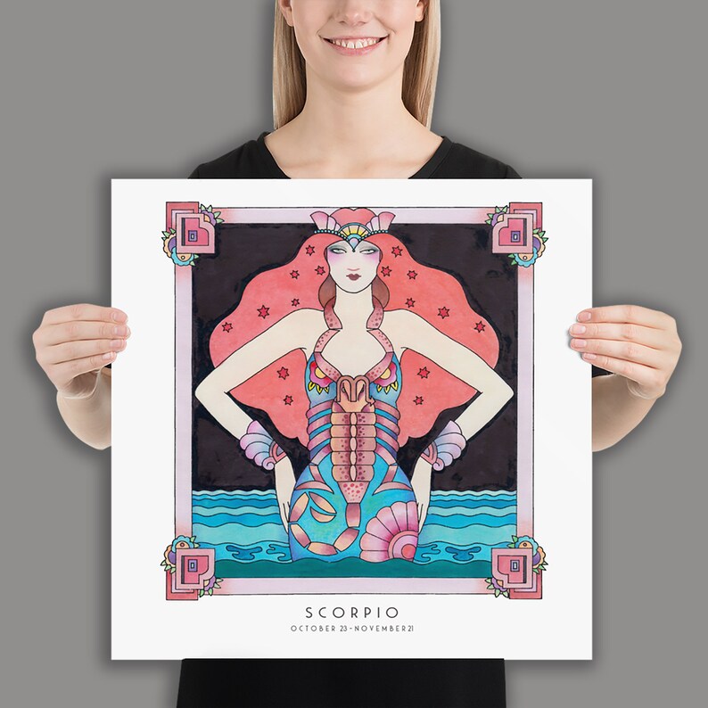 May include: A colorful illustration of the zodiac sign Scorpio. The image features a woman with red hair and a blue and pink scorpion design on her body. The background is black with stars and the text "Scorpio" and "October 23 - November 22" is at the bottom.