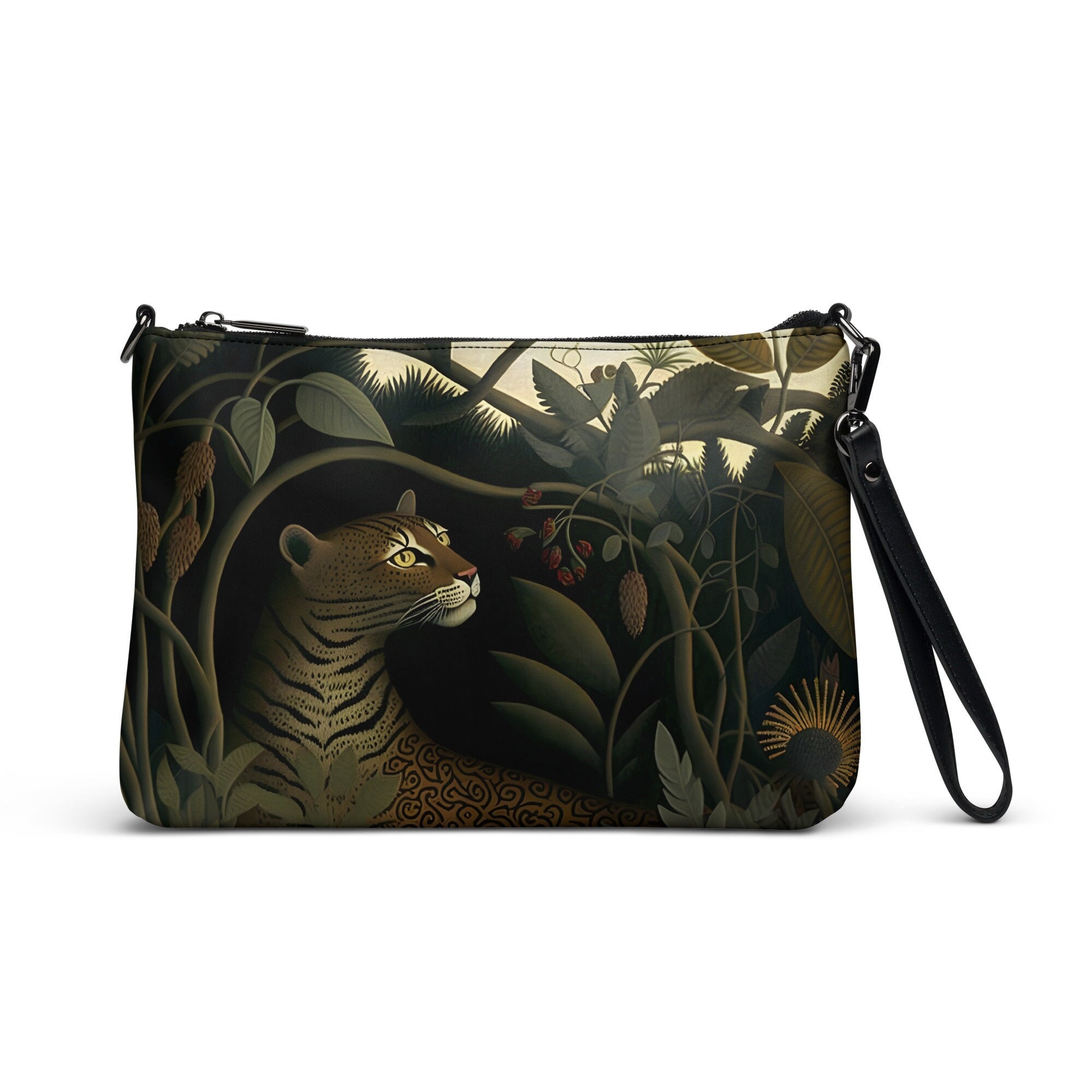 Henri Rousseau Leopard women's Crossbody bag, 11" x8" Zip top handbag,  unique print, stylish crossbody clutch,  Leopard 2