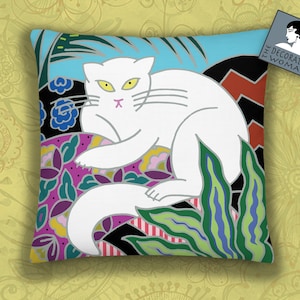 Snowy White Cat Throw Pillow, Cat lover cushion, 18x18 inch, Deco Home Decor, Unique Birthday gift,