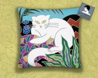 Snowy White Cat Throw Pillow, Cat lover cushion, 18x18 inch, Deco Home Decor, Unique Birthday gift,