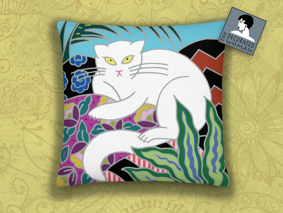 Snowy White Cat Throw Pillow, Cat lover cushion, 18x18 inch, Deco Home Decor, Unique Birthday gift,