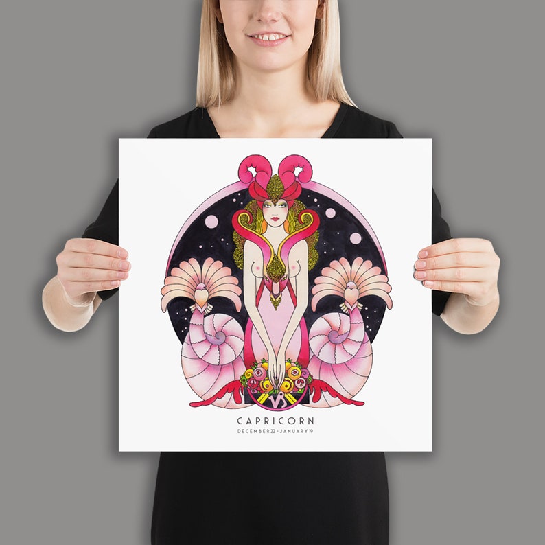 Art Deco Capricorn Poster, Capricorn wall art, Zodiac print, unique hand drawn, birthday gift, 20’s, Star sign astrology, Capricorn gifts image 9