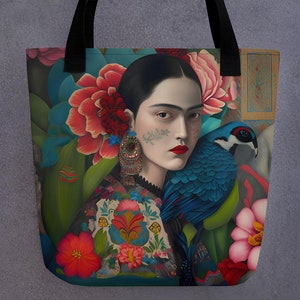 Unique Elegant Frida Rose Tote Bag  | All-over print | Black interior | Stylish Design | 15&quot;x15&quot;  |  Reusable Tote