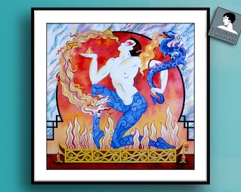 Aries Firebreather Art Deco Circus Zodiac Print, Aries wall art, Zodiac poster, unique hand painted, Star sign astrology, Aries gifts