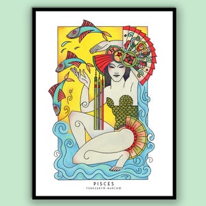 Pisces Goddess Poster,  Pisces wall art, Zodiac print, Goddess Art, unique hand drawn, birthday gift, Star sign poster, Pisces gifts