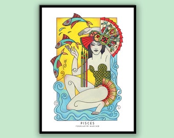 Pisces Goddess Poster,  Pisces wall art, Zodiac print, Goddess Art, unique hand drawn, birthday gift, Star sign poster, Pisces gifts