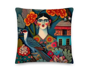 Frida Kahlo Mexican House throw pillow, Size:18″ × 18″, Mexican folk art, a must for all frida kahlo lovers, gifts for mom, Frida cushion