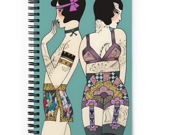 Decorated Women Twins 03 Unique Retro lingerie tattoo notebook, art deco journal, tattoo notebook, lingerie print, Tattoo journal