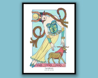 Taurus Goddess Poster,  Taurus wall art, Zodiac print, Goddess Art, unique hand drawn, birthday gift, Star sign poster, Taurus gifts