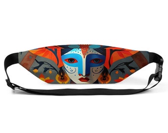 May include: A black fanny pack with a colorful design featuring a woman's face with blue and white paint, orange and red flowers, and gold accents.