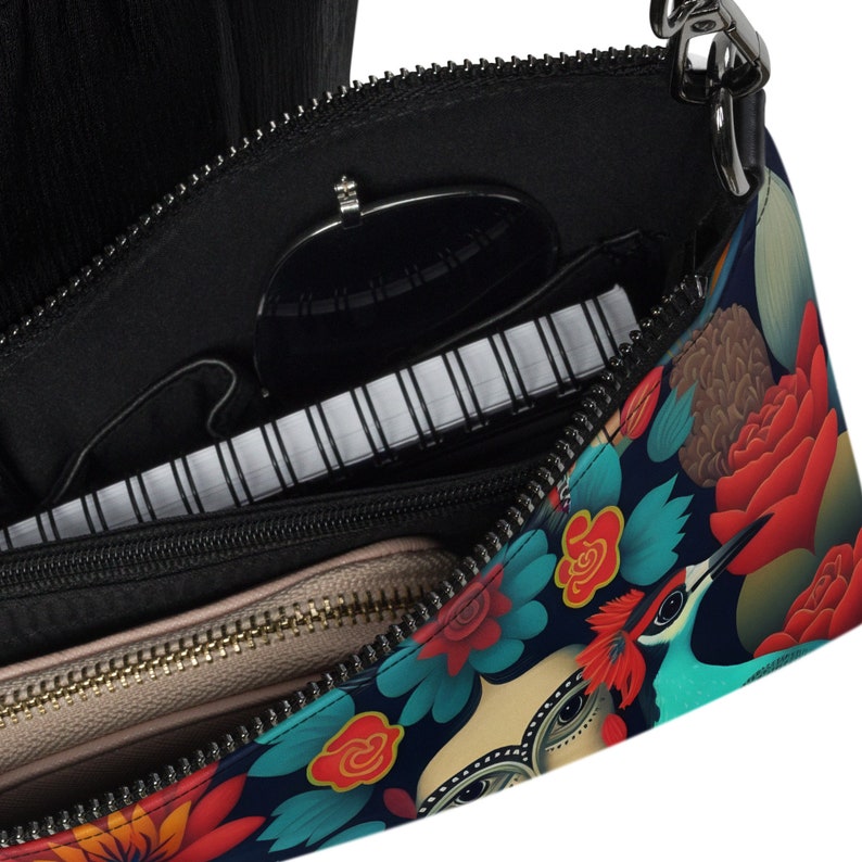 Frida Kahlo inspired blue-bird women's Crossbody bag, 11 x8 Zip top handbag, unique print, stylish crossbody clutch, Frida bird image 8