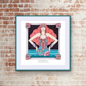 May include: A colorful illustration of the zodiac sign Scorpio, depicted as a woman with a scorpion tail and a crown. The illustration is set against a dark background with stars and water. The text "Scorpio" and "October 21 - November 22" is printed below the illustration.