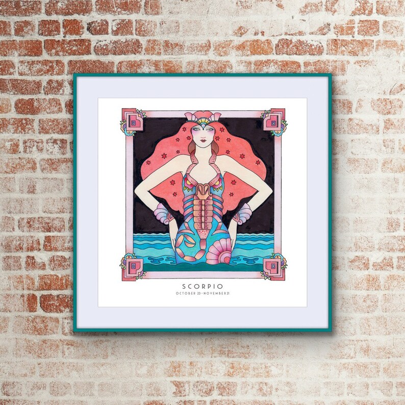 May include: A colorful illustration of the zodiac sign Scorpio, depicted as a woman with a scorpion tail and a crown. The illustration is set against a dark background with stars and water. The text "Scorpio" and "October 21 - November 22" is printed below the illustration.