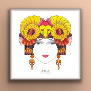 Art Deco Aries Poster, Aries wall art ,Zodiac print, unique hand drawn, birthday gift, 20s, horoscope, astrology, Star sign, Aries gifts image 1