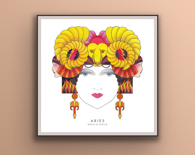 Art Deco Aries Poster,  Aries wall art ,Zodiac print, unique hand drawn, birthday gift, 20’s, horoscope, astrology,  Star sign, Aries gifts