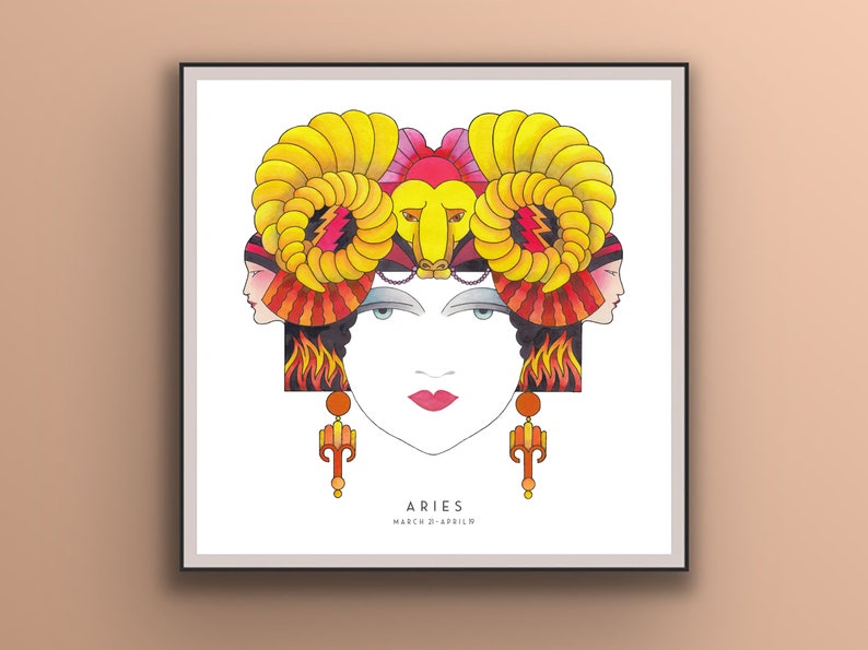 Art Deco Aries Poster, Aries wall art ,Zodiac print, unique hand drawn, birthday gift, 20s, horoscope, astrology, Star sign, Aries gifts image 1