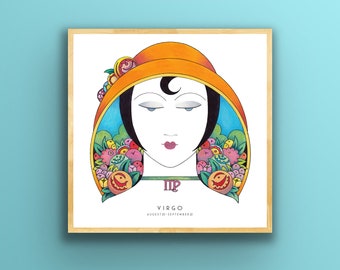 Art Deco Virgo Poster,  Virgo wall art, Zodiac print, unique hand drawn, birthday gift, 20’s, Star sign astrology, Virgo gifts