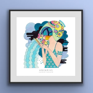 Art Deco Aquarius Poster,  Aquarius wall art, Zodiac print, unique hand drawn, birthday gift, 20’s, Star sign astrology, Aquarius gifts