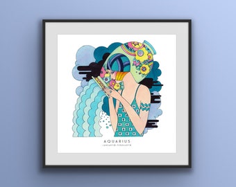 Art Deco Aquarius Poster,  Aquarius wall art, Zodiac print, unique hand drawn, birthday gift, 20’s, Star sign astrology, Aquarius gifts