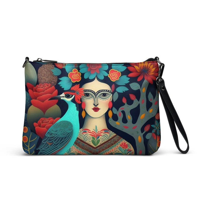 Frida Kahlo inspired blue-bird women's Crossbody bag, 11 x8 Zip top handbag, unique print, stylish crossbody clutch, Frida bird image 1