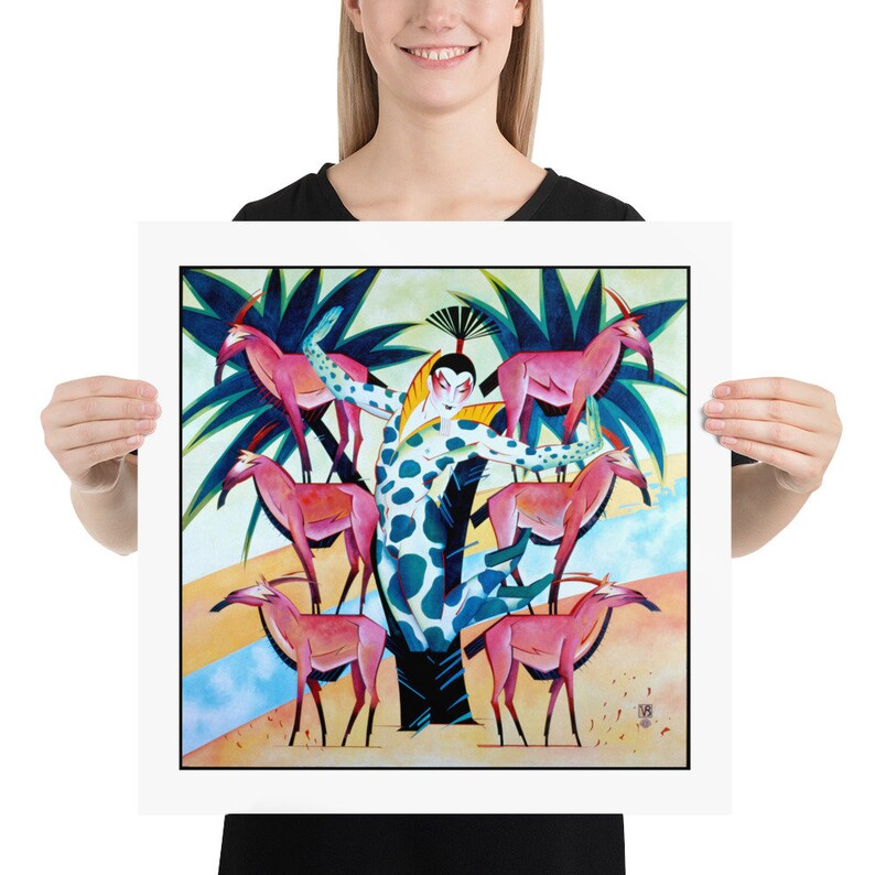May include: A colorful painting of a person in a spotted outfit standing in a tree with pink and white animals surrounding them. The background is a light blue and yellow landscape.