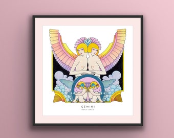 Art Deco Gemini Poster,  Gemini wall art, Zodiac print, unique hand drawn, birthday gift, 20’s, Star sign astrology, Gemini gifts