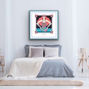 May include: A framed illustration of a woman with red hair and a blue and pink outfit. The woman is standing in front of a blue and white wave. The frame is teal and the text "Scorpio" is at the bottom of the image.