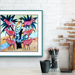 May include: A colorful painting of a person in a spotted outfit standing in a tree with pink antelopes. The painting is framed in a teal frame.