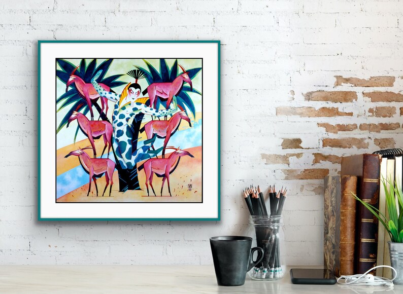 May include: A colorful painting of a person in a spotted outfit standing in a tree with pink antelopes. The painting is framed in a teal frame.