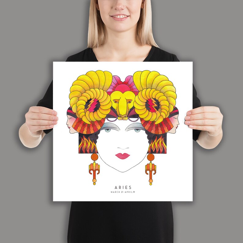 Art Deco Aries Poster, Aries wall art ,Zodiac print, unique hand drawn, birthday gift, 20s, horoscope, astrology, Star sign, Aries gifts 16×16 inches