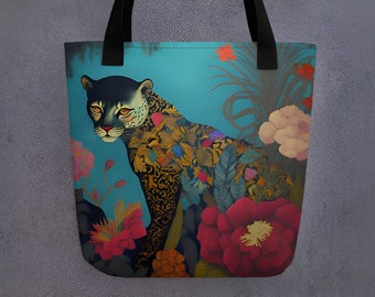 Rousseau Inspired All over Leopard Tote bag  Black interior l all-over print  Stylish  Design | 15"x15"  |  Reusable Tote