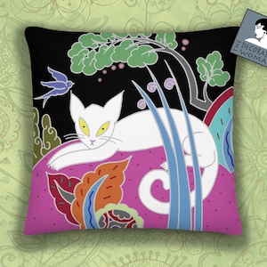 White Cat Throw Pillow, Cat lover cushion, 18x18 inch, Deco Home Decor, Unique Birthday gift, Art Deco Style