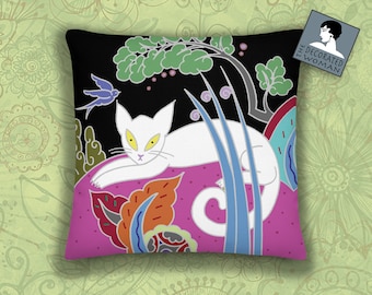 White Cat Throw Pillow, Cat lover cushion, 18x18 inch, Deco Home Decor, Unique Birthday gift, Art Deco Style
