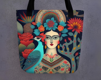 Frida Kahlo-Inspired Tote Bag with Blue Bird  |  All-over print | Black interior | Stylish  Design | 15&quot;x15&quot;  | Reusable Tote