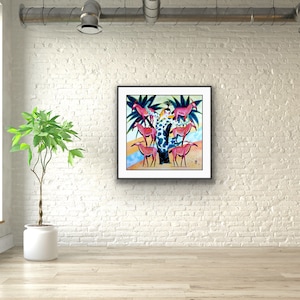 May include: A framed painting of a colorful scene with a person standing in front of a blue tree with pink animals surrounding it.