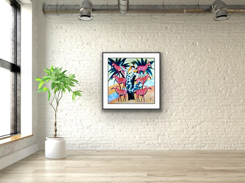 May include: A framed painting of a colorful scene with a person standing in front of a blue tree with pink animals surrounding it.