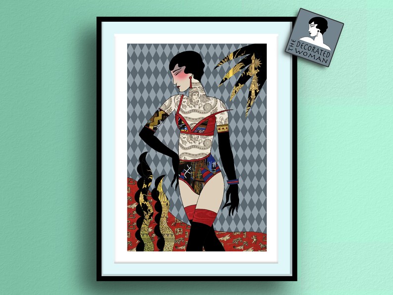 Decorated Woman 02 Unique Retro lingerie tattoo Print, art deco print, tattoo print, lingerie print, Home Decor Tattoo Wall Art image 1