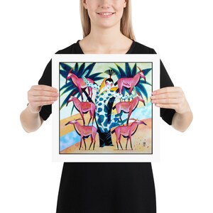 May include: A colorful painting of a person in a spotted outfit standing on a tree trunk surrounded by pink antelopes. The background is a blue and yellow landscape.