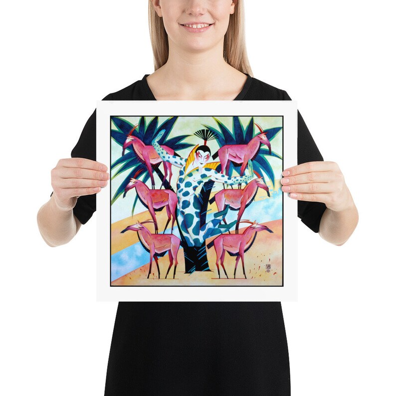 May include: A colorful painting of a person in a spotted outfit standing on a tree trunk surrounded by pink antelopes. The background is a blue and yellow landscape.