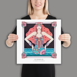May include: A colorful illustration of the zodiac sign Scorpio. The illustration depicts a woman with red hair and a blue and pink scorpion tail. The background is black with pink stars. The text "Scorpio" and "October 23 - November 22" is at the bottom of the illustration.