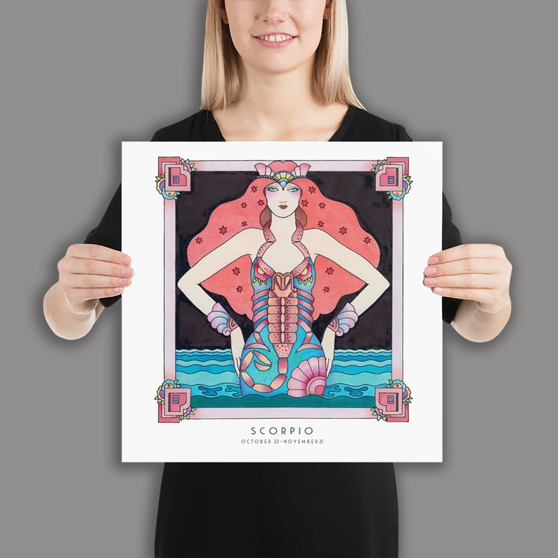May include: A colorful illustration of the zodiac sign Scorpio. The illustration depicts a woman with red hair and a blue and pink scorpion tail. The background is black with pink stars. The text "Scorpio" and "October 23 - November 22" is at the bottom of the illustration.