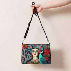 Frida Kahlo inspired blue-bird women's Crossbody bag, 11 x8 Zip top handbag, unique print, stylish crossbody clutch, Frida bird image 2