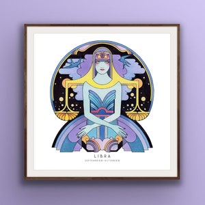 Art Deco Libra Poster,  Libra wall art, Zodiac print, unique hand drawn, birthday gift, 20’s, Star sign astrology, Libra gifts