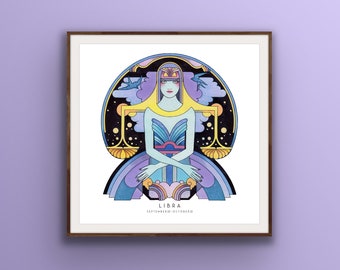 Art Deco Libra Poster,  Libra wall art, Zodiac print, unique hand drawn, birthday gift, 20’s, Star sign astrology, Libra gifts