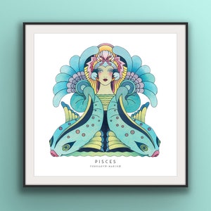 Art Deco Pisces Poster,  Pisces wall art, Zodiac print, unique hand drawn, birthday gift, 20’s, Star sign astrology, Pisces gifts