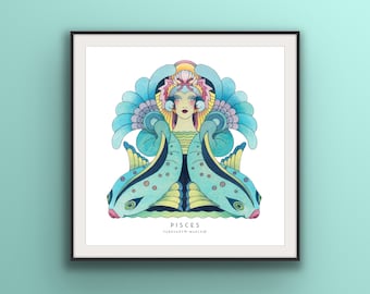 Art Deco Pisces Poster,  Pisces wall art, Zodiac print, unique hand drawn, birthday gift, 20’s, Star sign astrology, Pisces gifts