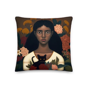 African American girl with her black cat and flowers premium throw pillow, Size: 18″ × 18″  cat lovers, black girl with a cat cushion