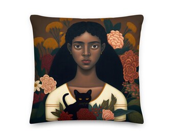 African American girl with her black cat and flowers premium throw pillow, Size: 18″ × 18″  cat lovers, black girl with a cat cushion