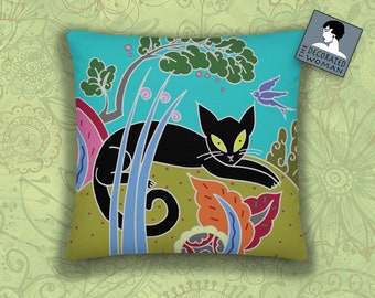 Black Cat Throw Pillow, Cat lover cushion, 18x18 inch, Deco Home Decor, Unique Birthday gift, Art Deco Style, Black cat gifts