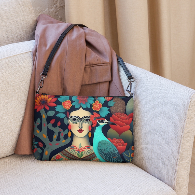 Frida Kahlo inspired blue-bird women's Crossbody bag, 11 x8 Zip top handbag, unique print, stylish crossbody clutch, Frida bird image 4